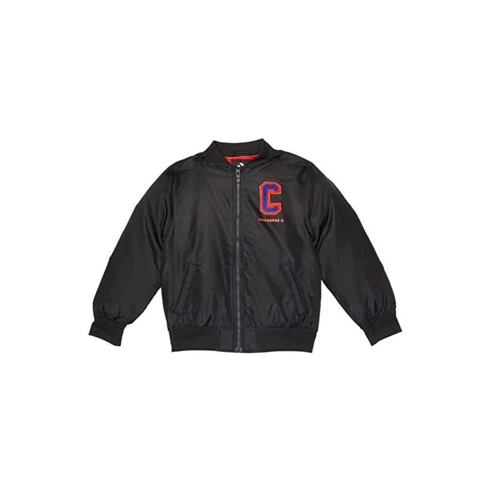 Converse Chenille Bomber Jacket Kids Small Black Long Sleeve Full Zip GBO319